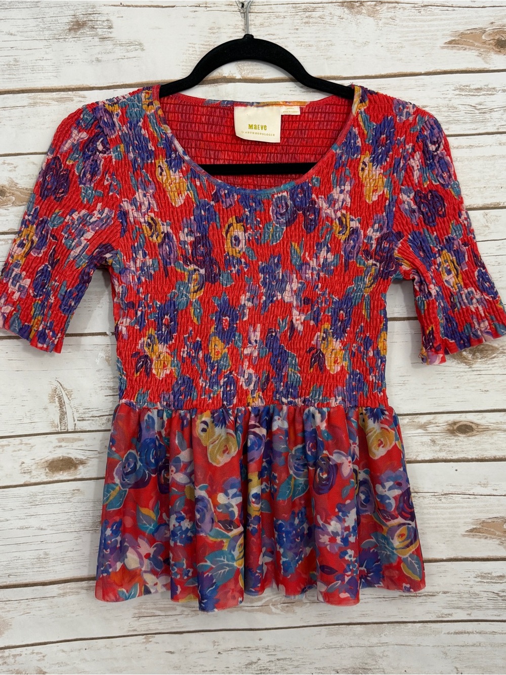 Anthropologie Maeve Red Floral Smocked Peplum Blouse XS